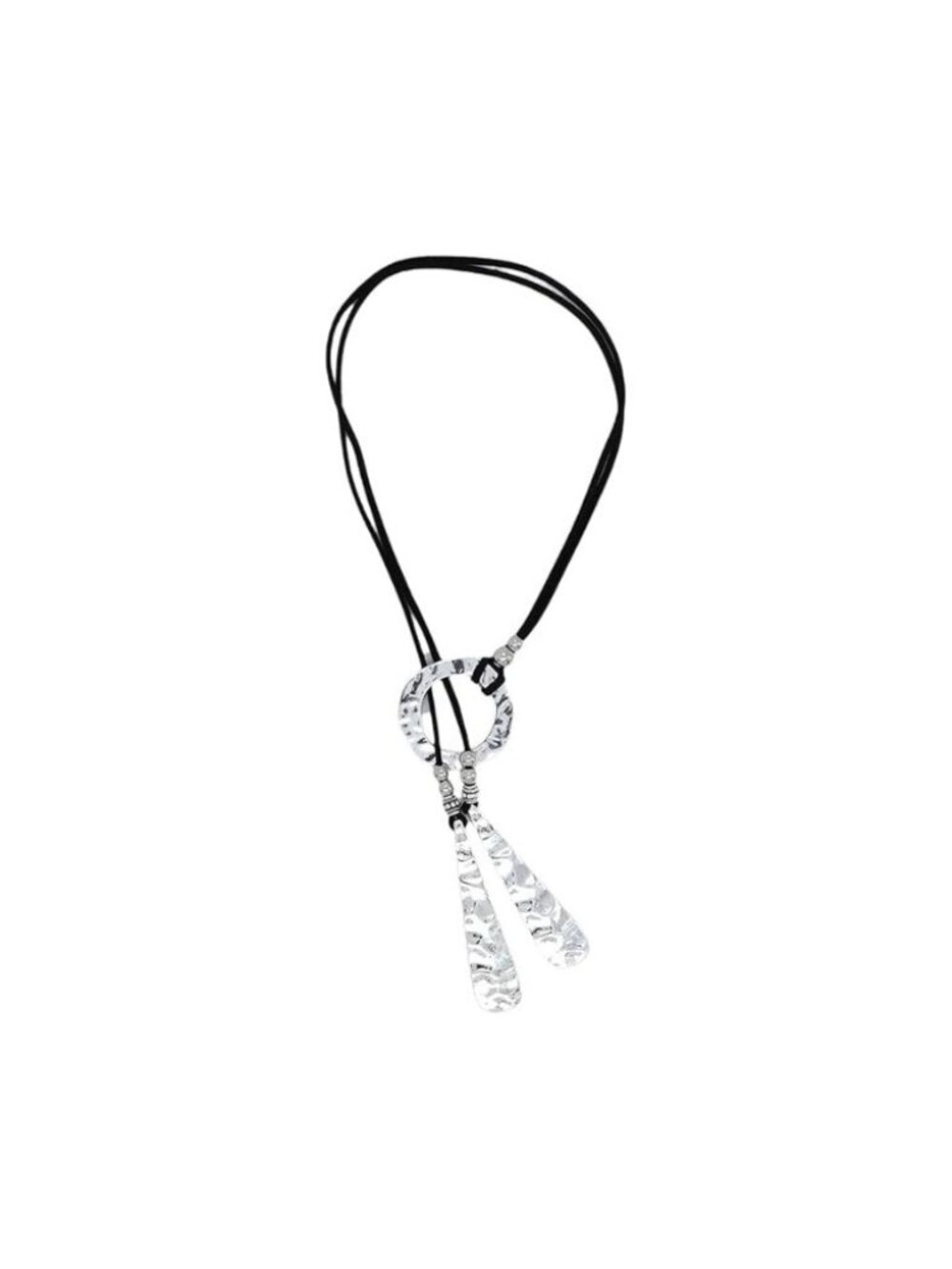 Black Suede Leather Lariat Y Necklace Silver Circle Pendant Boho Choker Jewelry